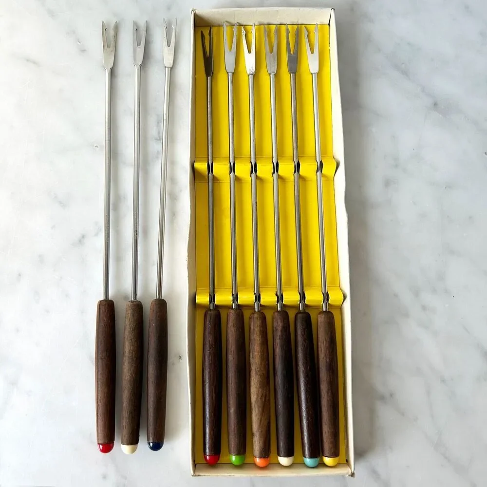 Vintage Fondue Forks 9 Stainless Steel w/Wood Handles-6 in Original Box+3 Extra